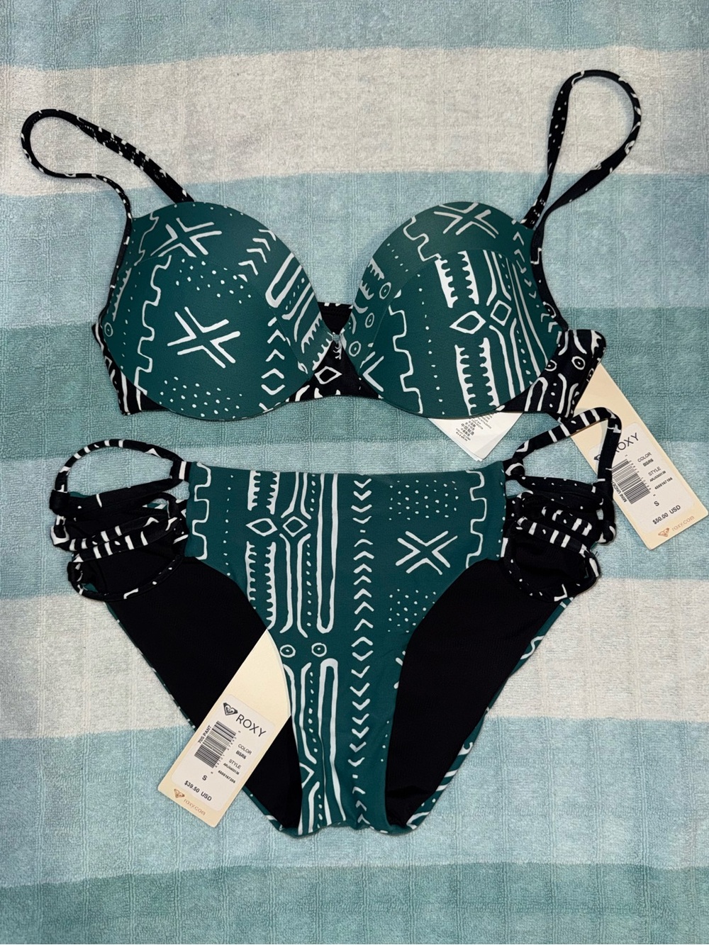 Roxy Teal and Black Printed Bikini Set